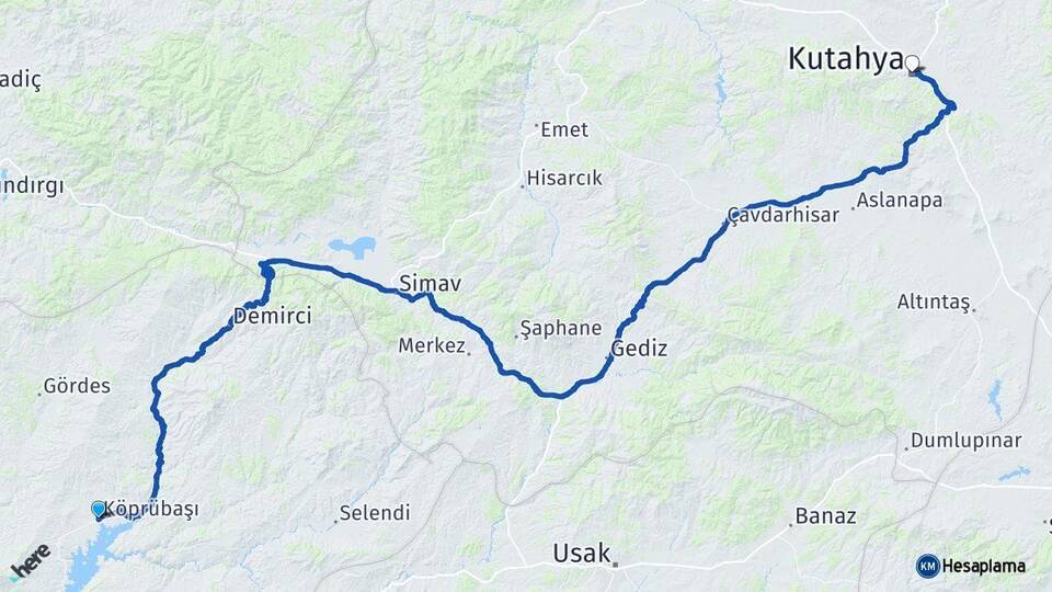 Manisa Köprübaşı Kütahya Arası Kaç Km - Yol Haritası
