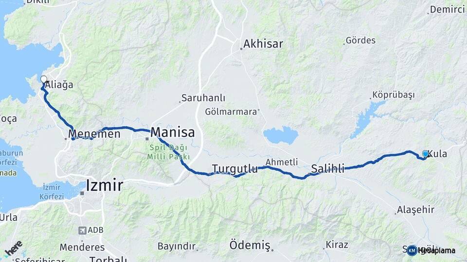 Manisa Kula Aliağa İzmir Arası Kaç Km - Yol Haritası