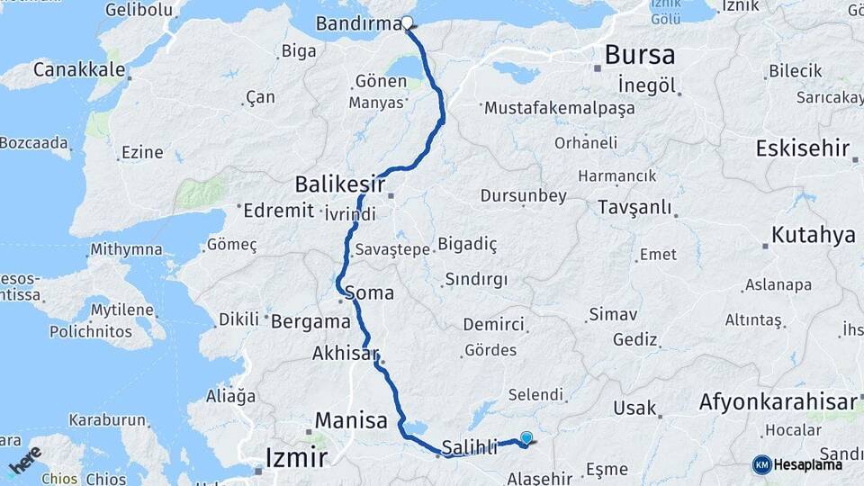 Manisa Kula Bandırma Balıkesir Arası Kaç Km - Yol Haritası