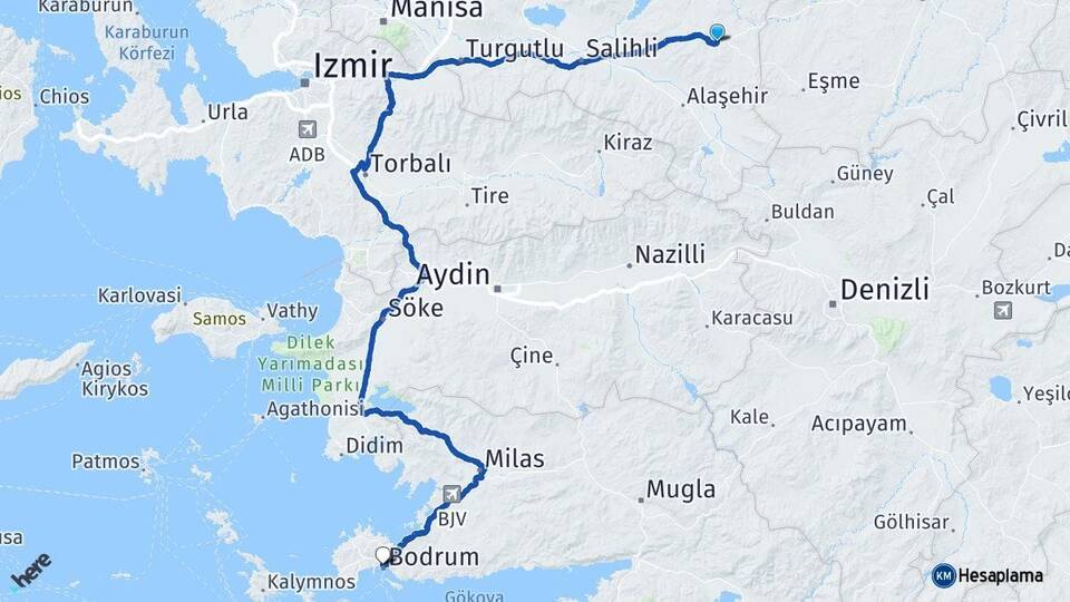 Manisa Kula Bodrum Muğla Arası Kaç Km - Yol Haritası