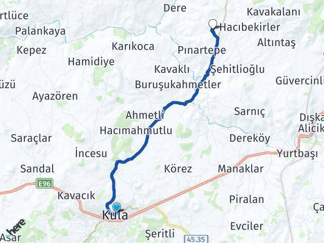 Manisa Kula Papuçlu Kula Arası Kaç Km - Yol Haritası