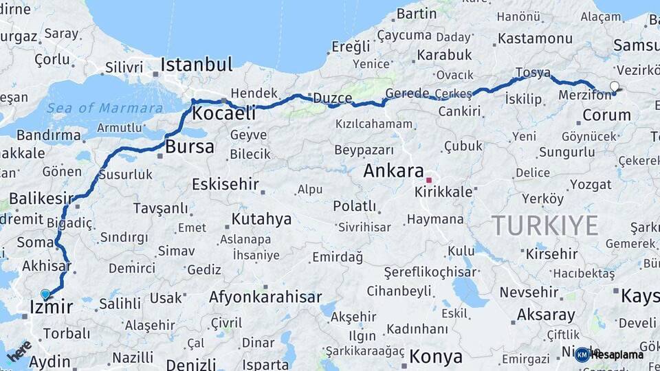 Manisa Merzifon Amasya Arası Kaç Km - Yol Haritası