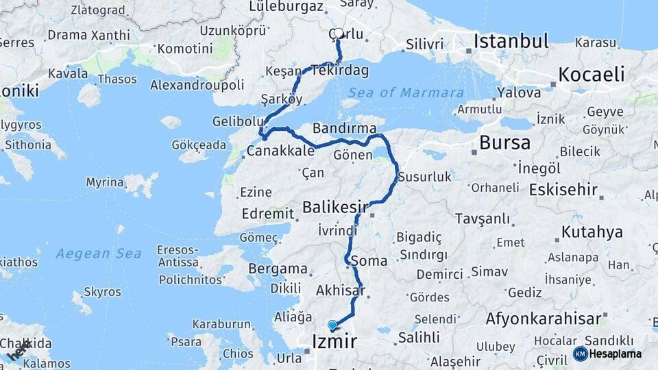 Manisa Muratlı Tekirdağ Arası Kaç Km - Yol Haritası
