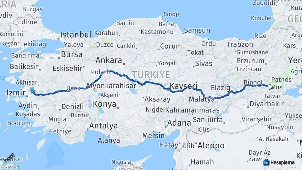 Manisa Muş Arası Kaç Km - Yol Haritası