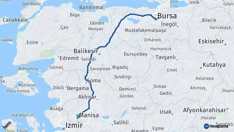 Manisa Osmangazi Bursa Arası Kaç Km - Yol Haritası