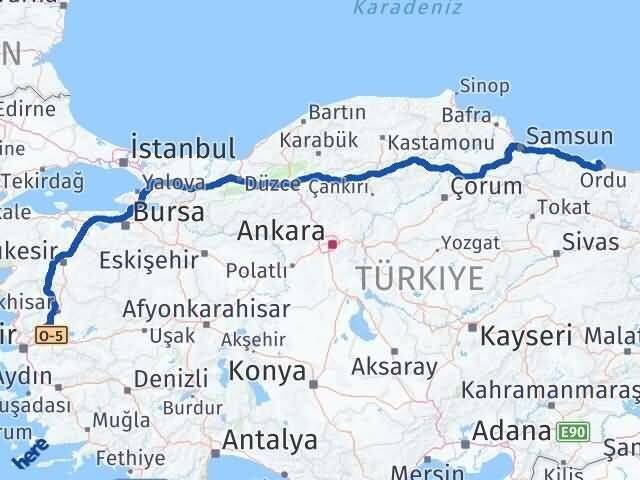 Manisa Perşembe Ordu Arası Kaç Km - Yol Haritası