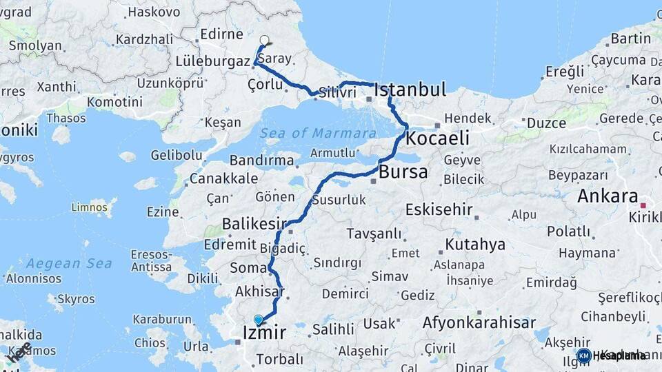 Manisa Pınarhisar Kırklareli Arası Kaç Km - Yol Haritası