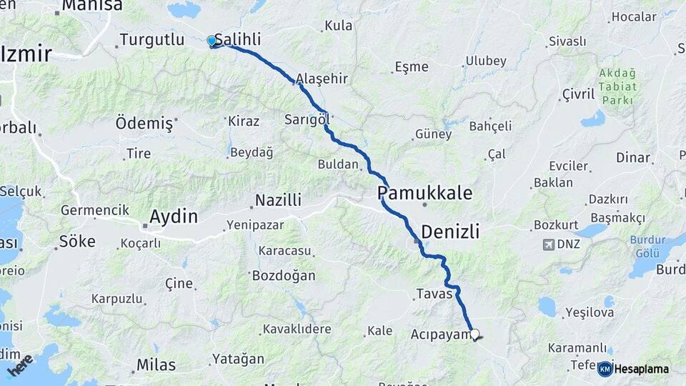 Manisa Salihli Acıpayam Denizli Arası Kaç Km - Yol Haritası
