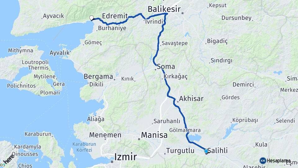 Manisa Salihli Akçay Edremit Balıkesir Arası Kaç Km - Yol Haritası