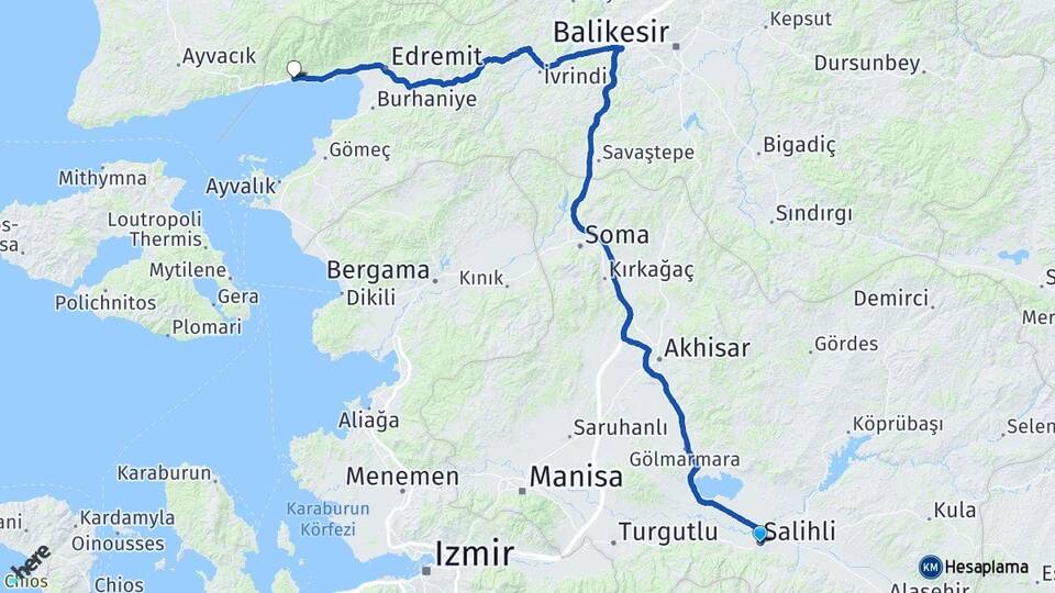 Manisa Salihli Altınoluk Edremit Balıkesir Arası Kaç Km - Yol Haritası