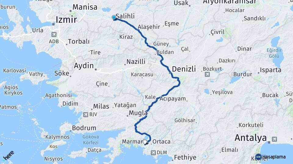 Manisa Salihli Dalyan Ortaca Muğla Arası Kaç Km - Yol Haritası