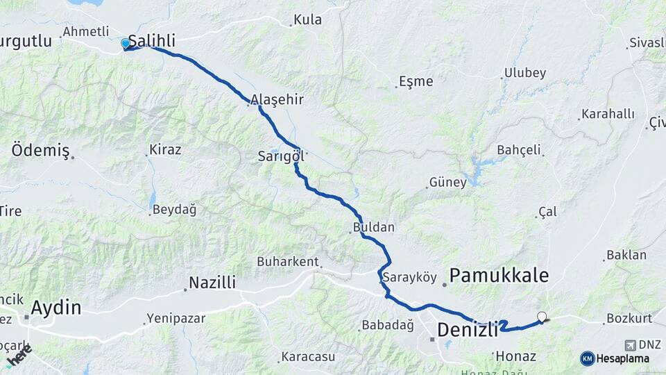 Manisa Salihli Kaklık Honaz Denizli Arası Kaç Km - Yol Haritası