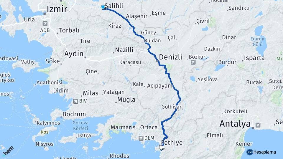 Manisa Salihli Ölüdeniz Fethiye Muğla Arası Kaç Km - Yol Haritası
