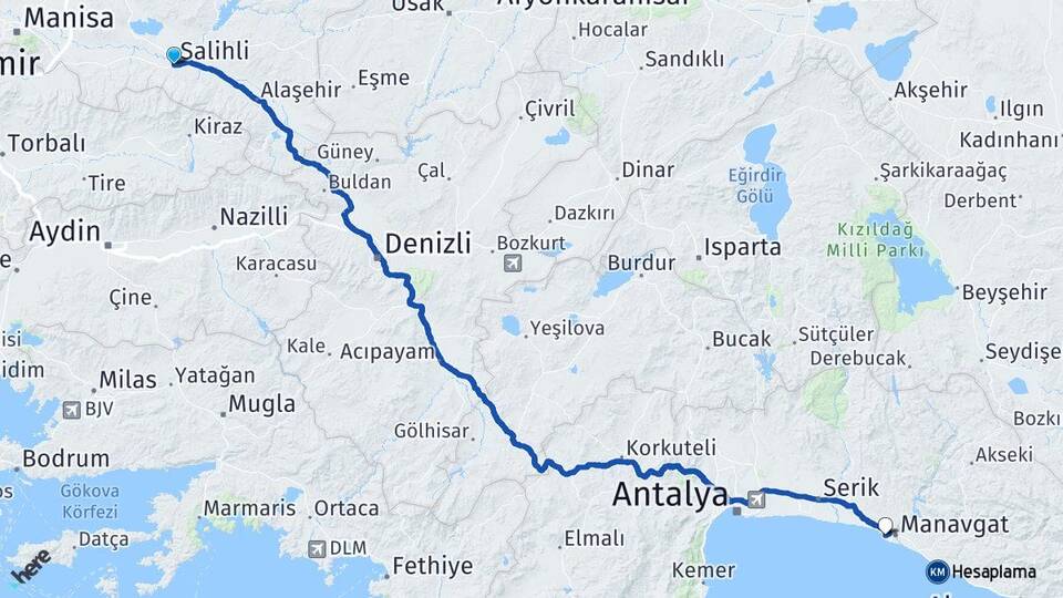 Manisa Salihli Side Manavgat Antalya Arası Kaç Km - Yol Haritası