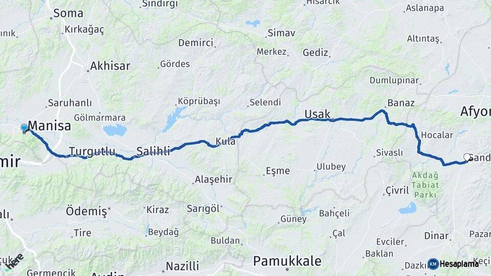 Manisa Sandıklı Afyonkarahisar Arası Kaç Km - Yol Haritası