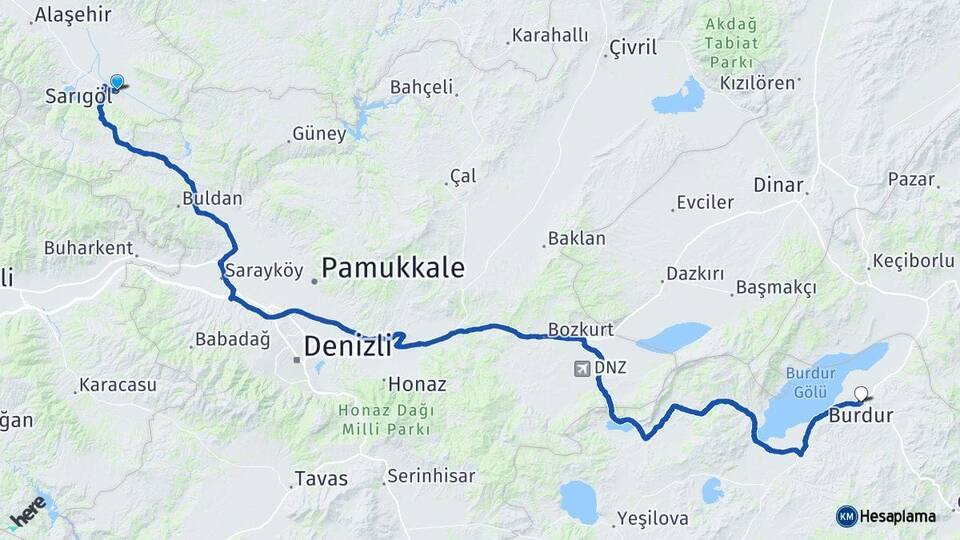 Manisa Sarıgöl Burdur Arası Kaç Km - Yol Haritası
