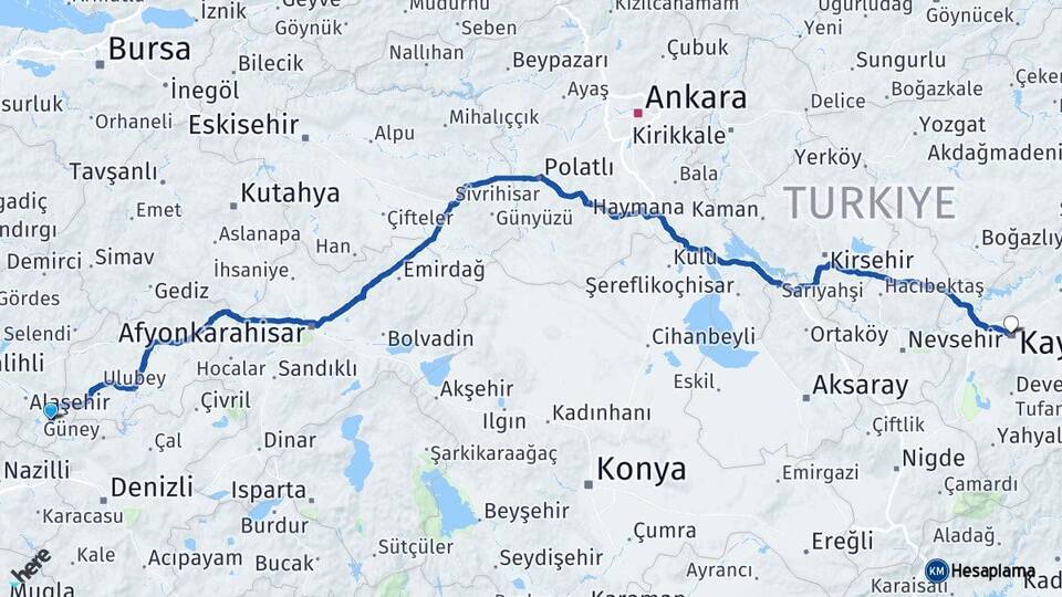 Manisa Sarıgöl Kayseri Arası Kaç Km - Yol Haritası