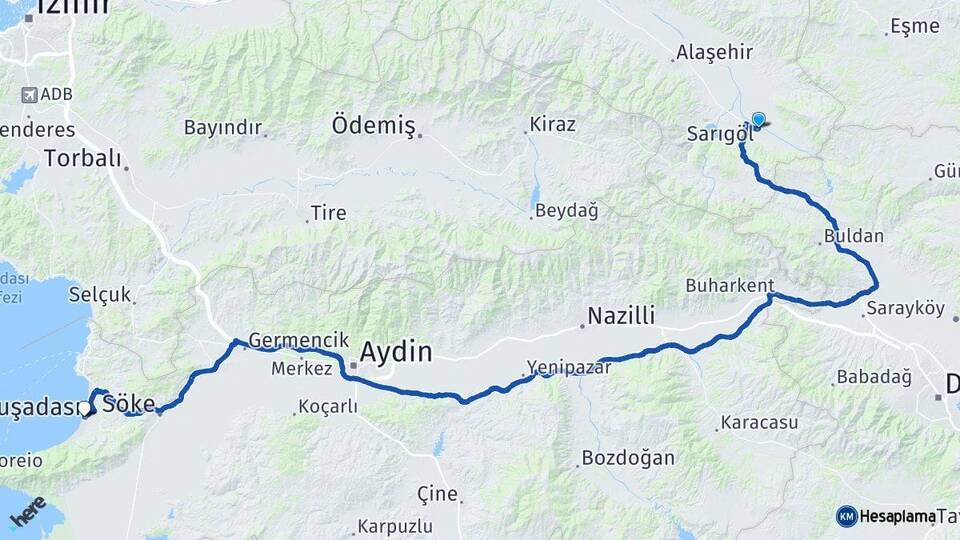 Manisa Sarıgöl Kuşadası Aydın Arası Kaç Km - Yol Haritası