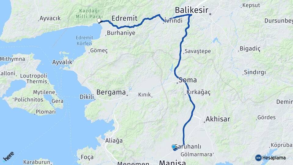 Manisa Saruhanlı Akçay Edremit Balıkesir Arası Kaç Km - Yol Haritası