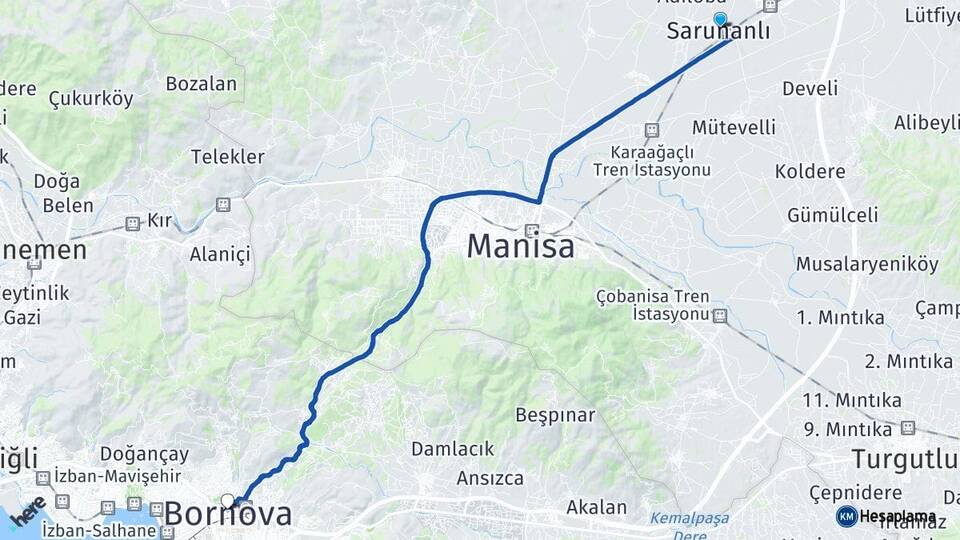 Manisa Saruhanlı Bornova İzmir Arası Kaç Km - Yol Haritası