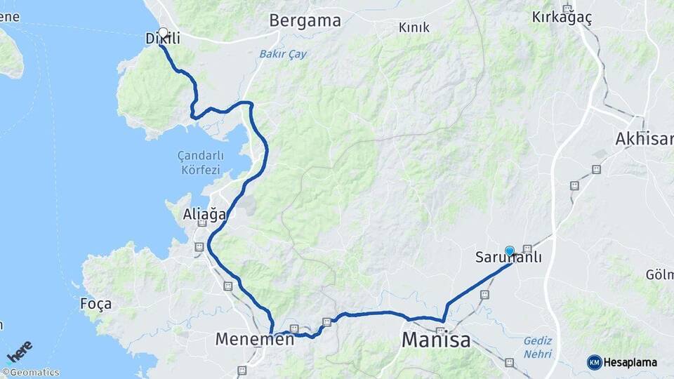 Manisa Saruhanlı Dikili İzmir Arası Kaç Km - Yol Haritası