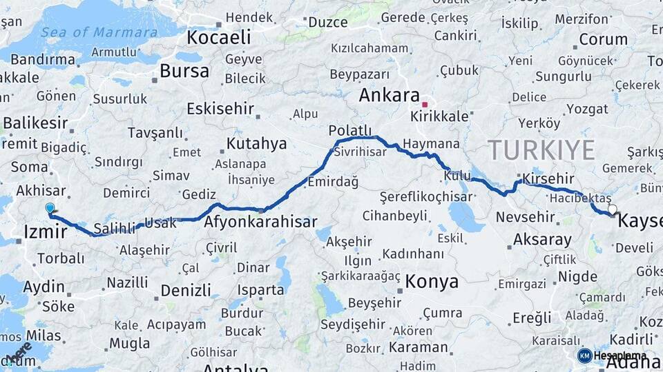 Manisa Saruhanlı Kayseri Arası Kaç Km - Yol Haritası