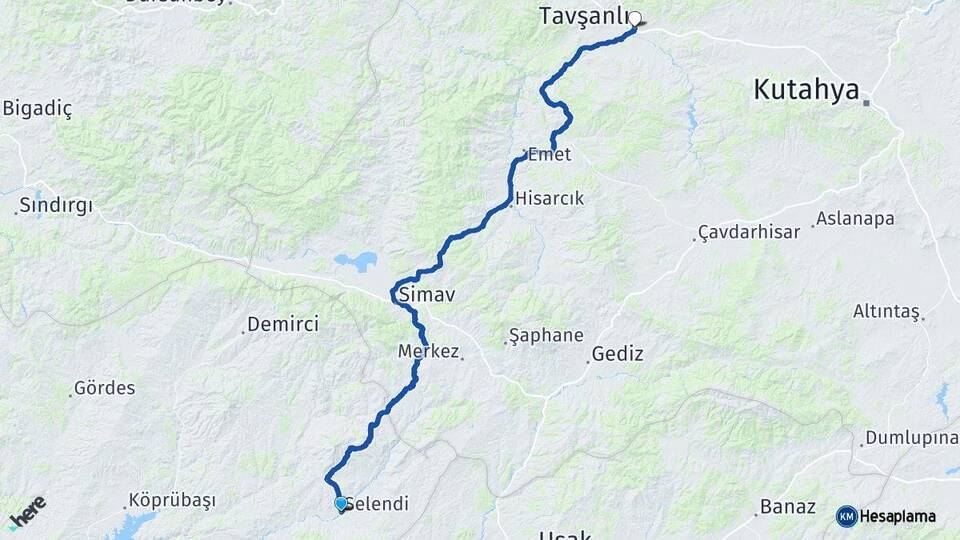 Manisa Selendi Tavşanlı Kütahya Arası Kaç Km - Yol Haritası
