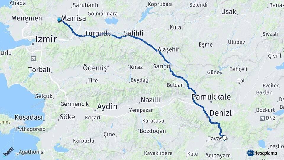 Manisa Serinhisar Denizli Arası Kaç Km - Yol Haritası