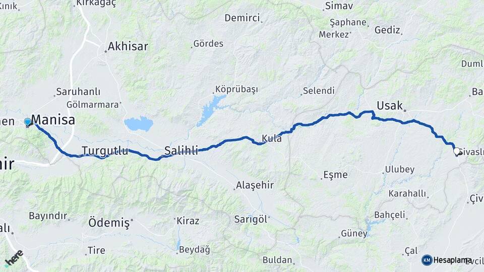 Manisa Sivaslı Uşak Arası Kaç Km - Yol Haritası