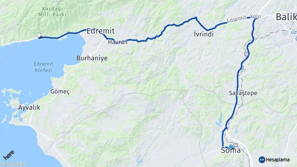 Manisa Soma Altınoluk Edremit Balıkesir Arası Kaç Km - Yol Haritası