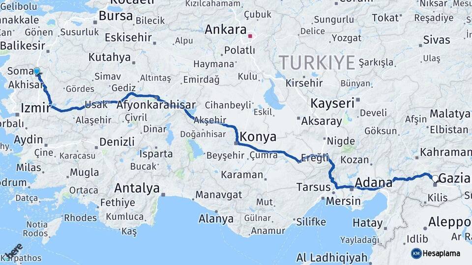 Manisa Soma Gaziantep Arası Kaç Km - Yol Haritası