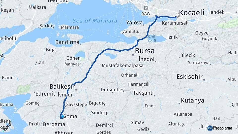 Manisa Soma Kocaeli Arası Kaç Km - Yol Haritası