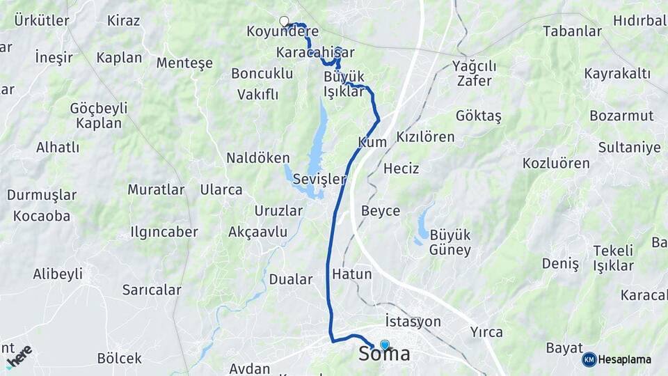 Manisa Soma Koyundere Soma Arası Kaç Km - Yol Haritası