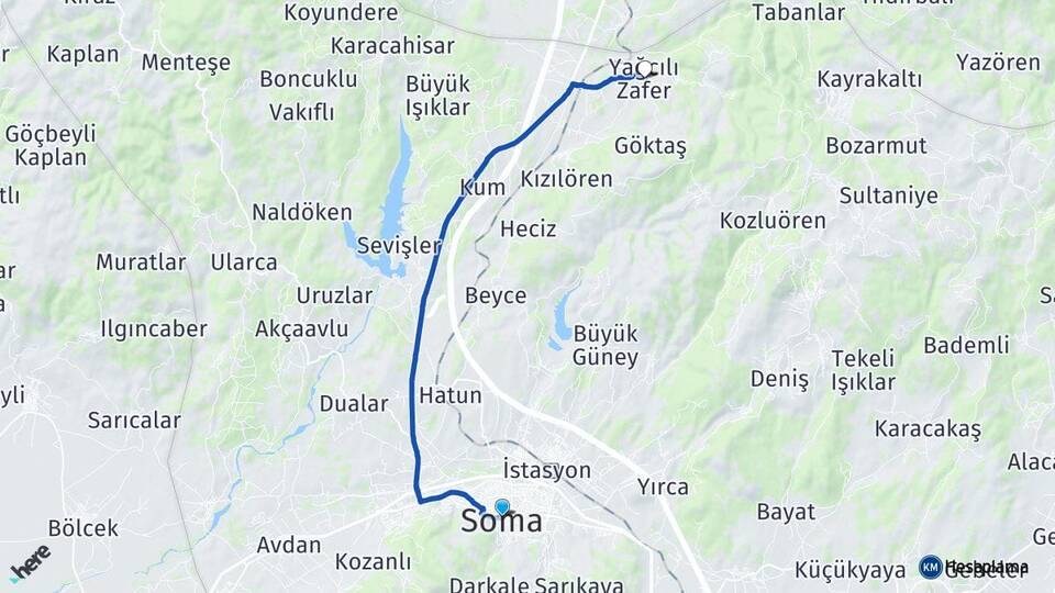 Manisa Soma Yağcılı Soma Arası Kaç Km - Yol Haritası