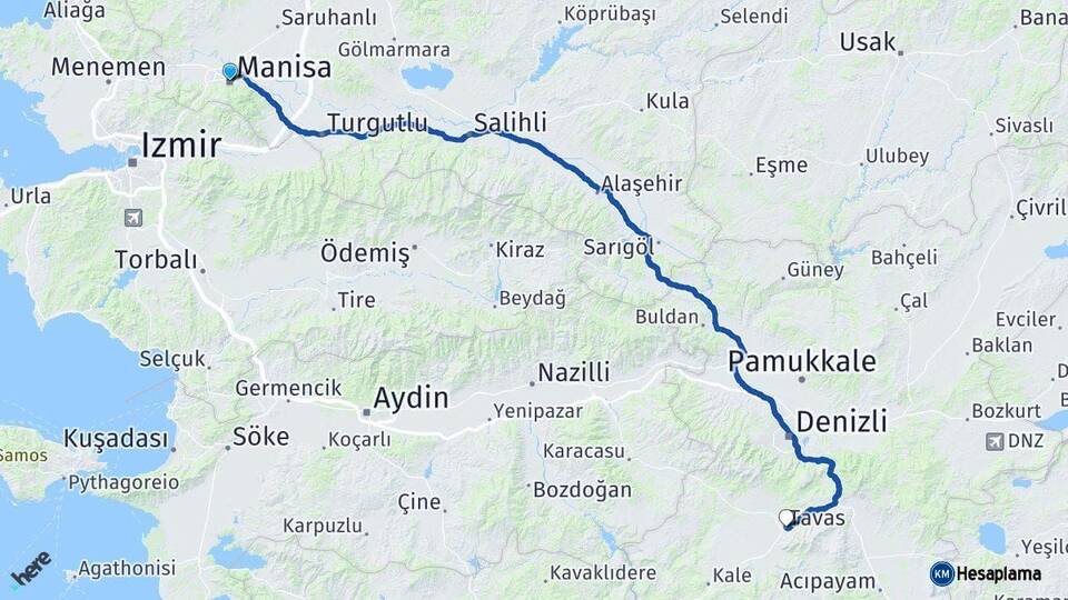 Manisa Tavas Denizli Arası Kaç Km - Yol Haritası