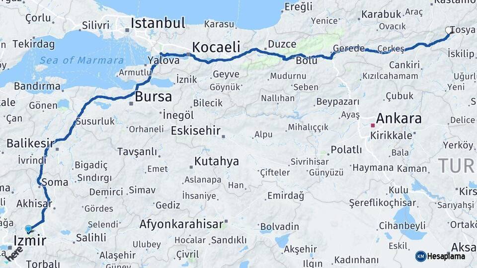 Manisa Tosya Kastamonu Arası Kaç Km - Yol Haritası