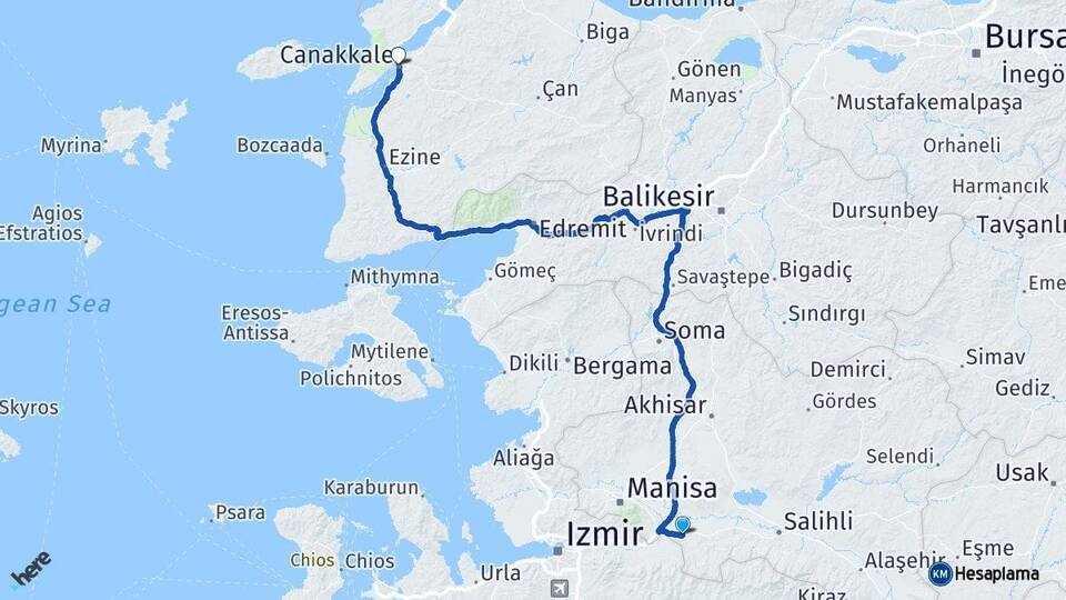 Manisa Turgutlu Çanakkale Arası Kaç Km - Yol Haritası