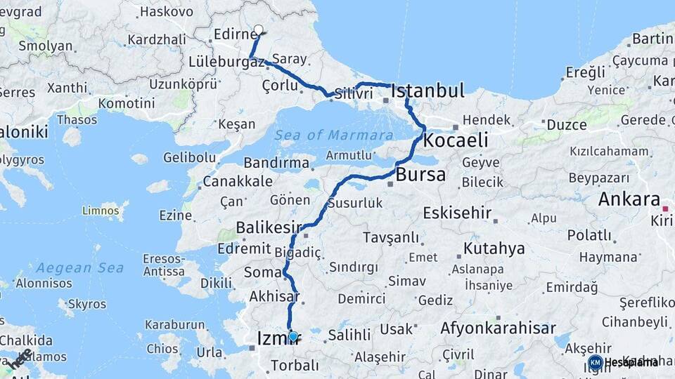 Manisa Turgutlu Kırklareli Arası Kaç Km - Yol Haritası