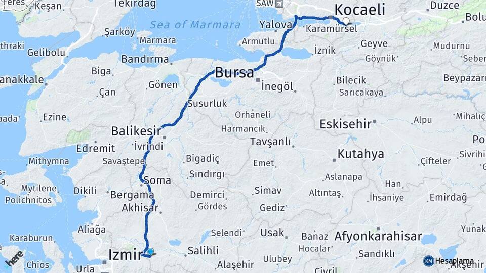 Manisa Turgutlu Maşukiye Kartepe Kocaeli Arası Kaç Km - Yol Haritası