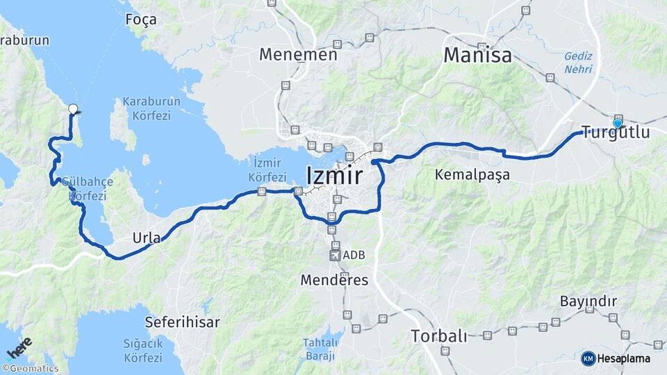 Manisa Turgutlu Mordoğan Karaburun İzmir Arası Kaç Km - Yol Haritası