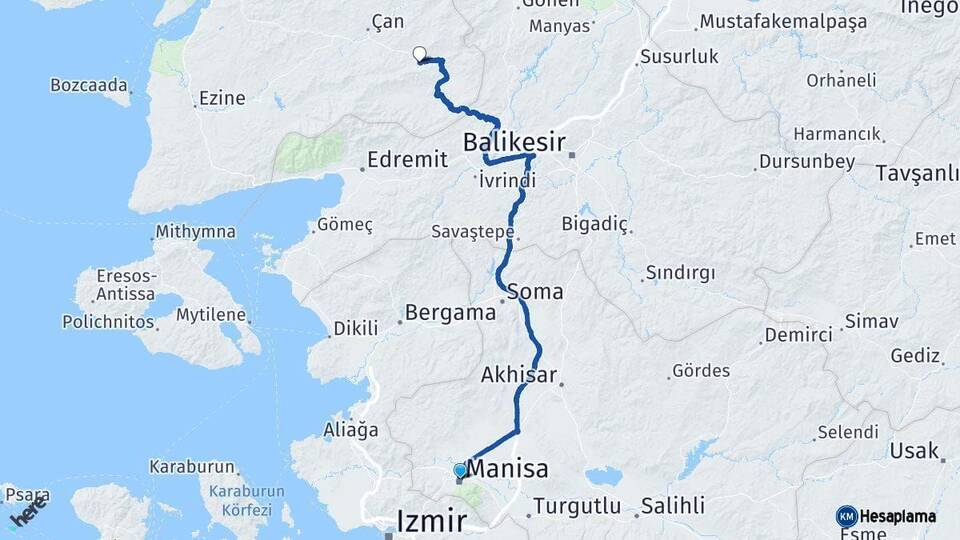 Manisa Yenice Çanakkale Arası Kaç Km - Yol Haritası
