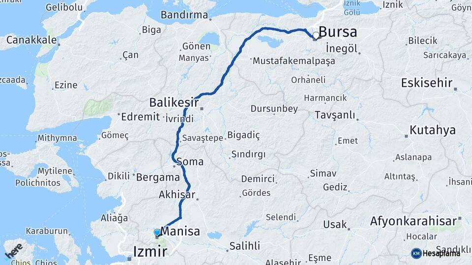 Manisa Yunusemre Bursa Arası Kaç Km - Yol Haritası