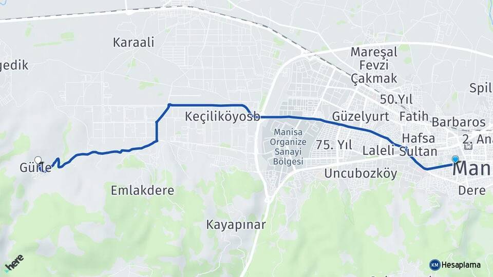 Manisa Yunusemre Gürle Yunusemre Arası Kaç Km - Yol Haritası