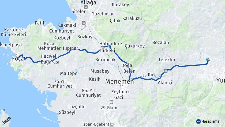 Manisa Yunusemre Muradiye Foça İzmir Arası Kaç Km - Yol Haritası
