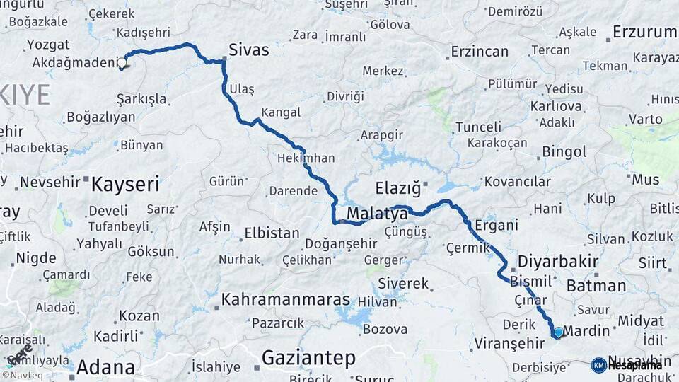 Mardin Akdağmadeni Yozgat Arası Kaç Km - Yol Haritası