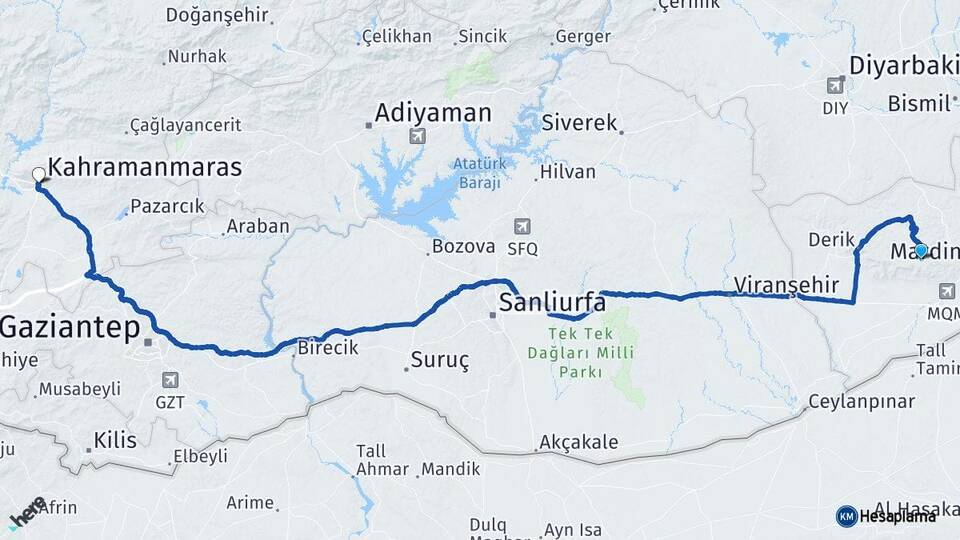 Mardin Artuklu Kahramanmaraş Arası Kaç Km - Yol Haritası