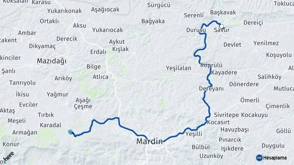 Mardin Artuklu Savur Arası Kaç Km - Yol Haritası