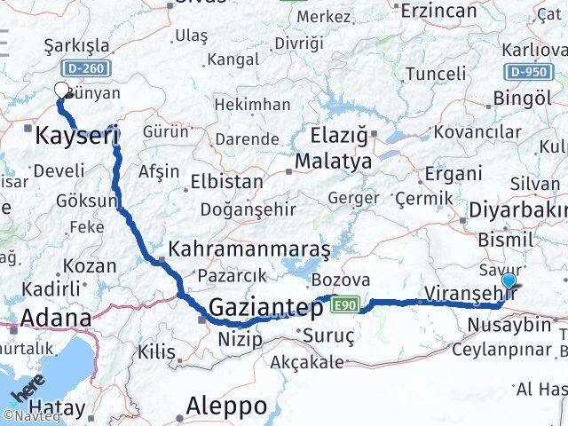 Mardin Bünyan Kayseri Arası Kaç Km - Yol Haritası