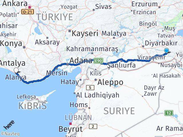 Mardin Dargeçit Alanya Antalya Arası Kaç Km - Yol Haritası