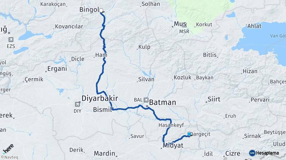 Mardin Dargeçit Bingöl Arası Kaç Km - Yol Haritası